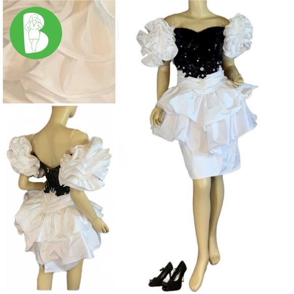 VINTAGE 1990'S WHITE & BLACK PUFFED SLEEVE SEQUIN & TAFFETA PARTY DRESS (S) - Picture 1 of 13